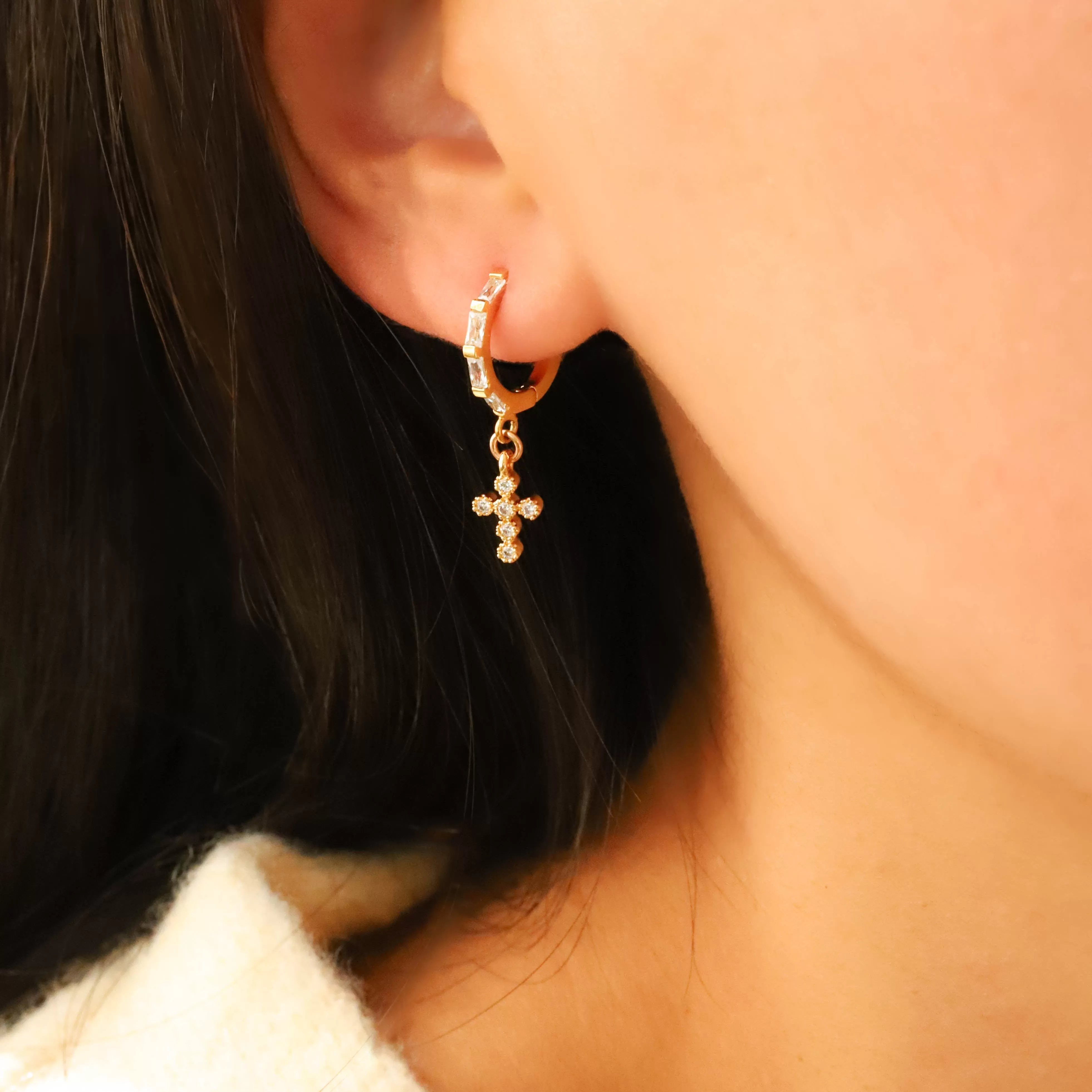 Dainty Cross Huggie Hoops