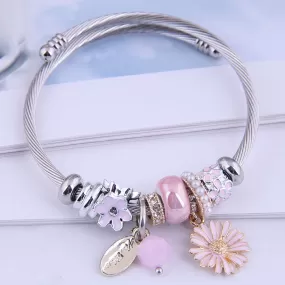 Daisy  Pink Bangle Bracelet With Charms