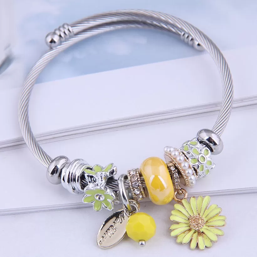 Daisy  Pink Bangle Bracelet With Charms