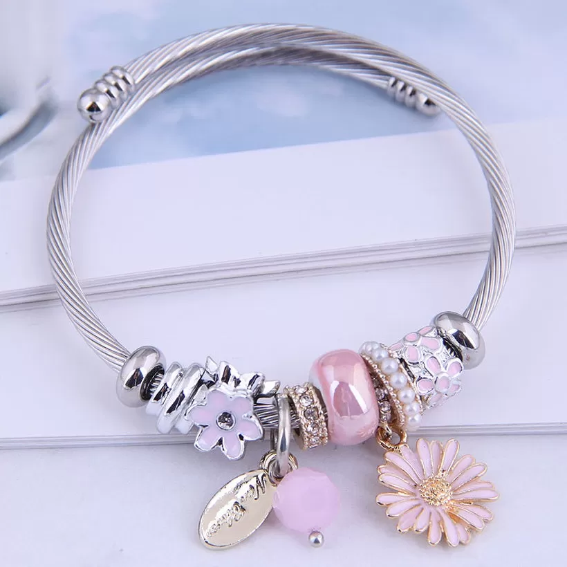 Daisy  Pink Bangle Bracelet With Charms