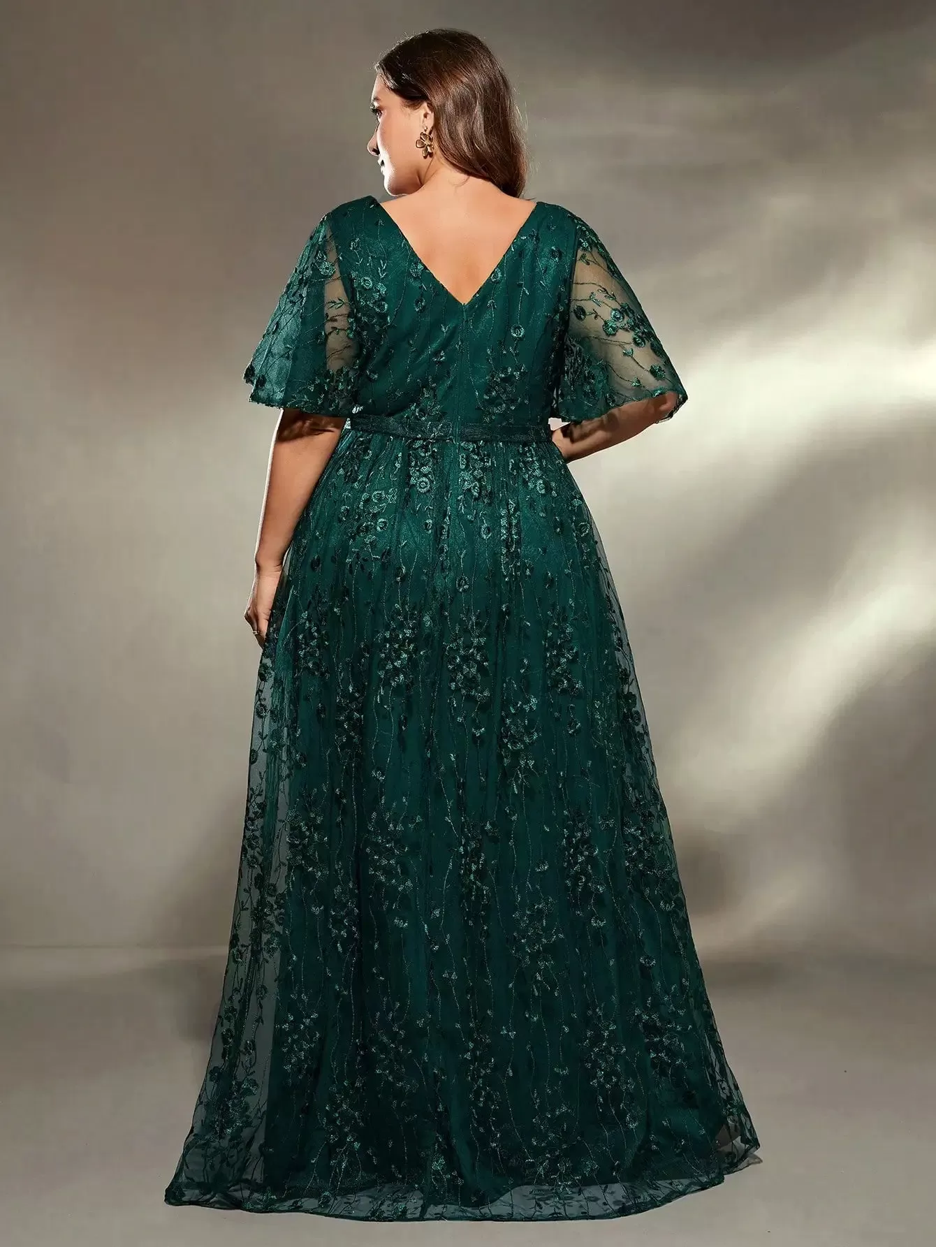 Dark Green V Neck Lace Plus Size Party Dress