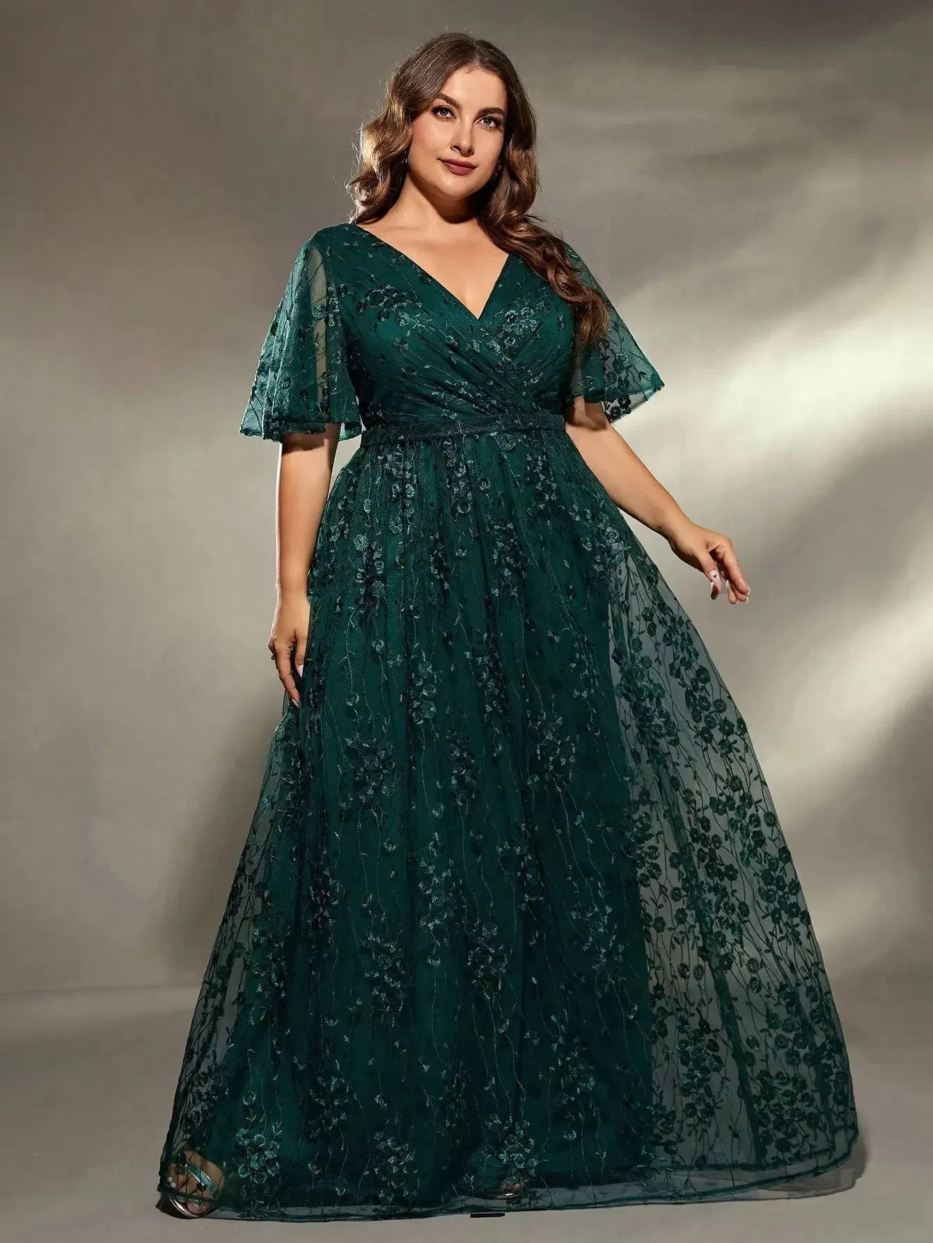 Dark Green V Neck Lace Plus Size Party Dress