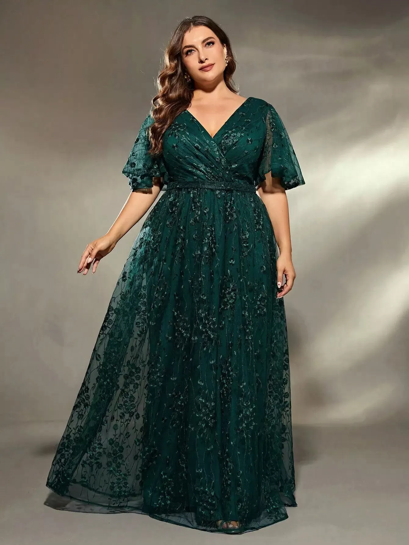 Dark Green V Neck Lace Plus Size Party Dress