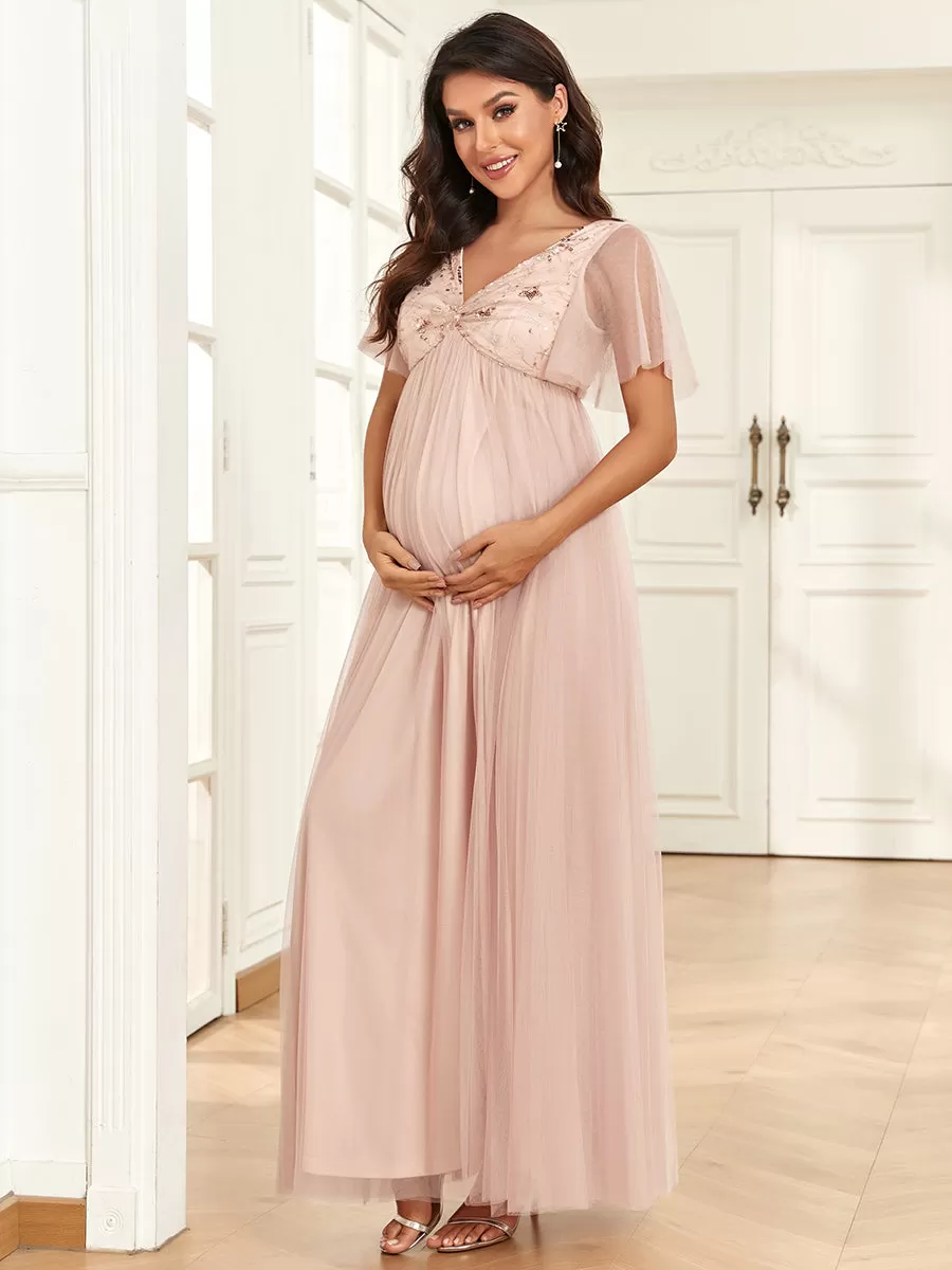 Deep V Neck See Through Ruffles Sleeves Wholesale Maternity Dresses