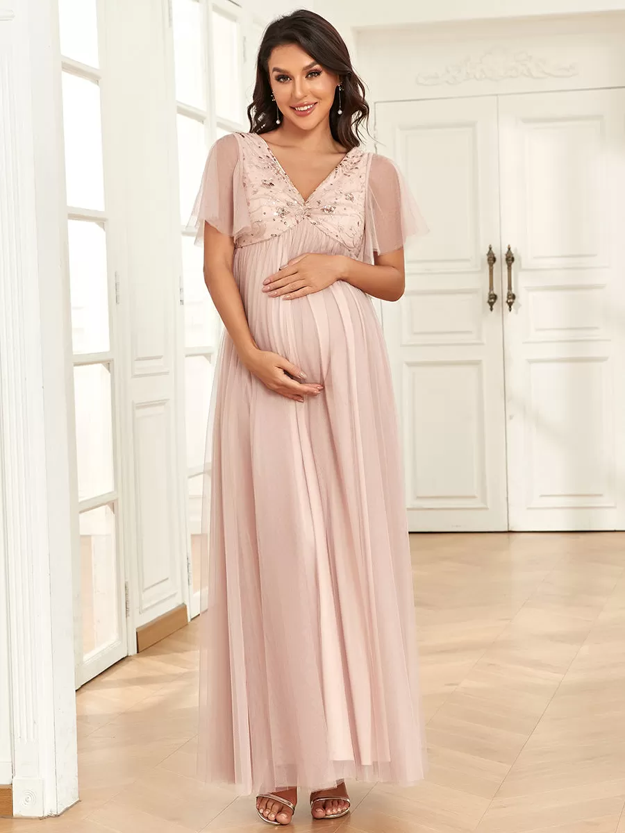 Deep V Neck See Through Ruffles Sleeves Wholesale Maternity Dresses