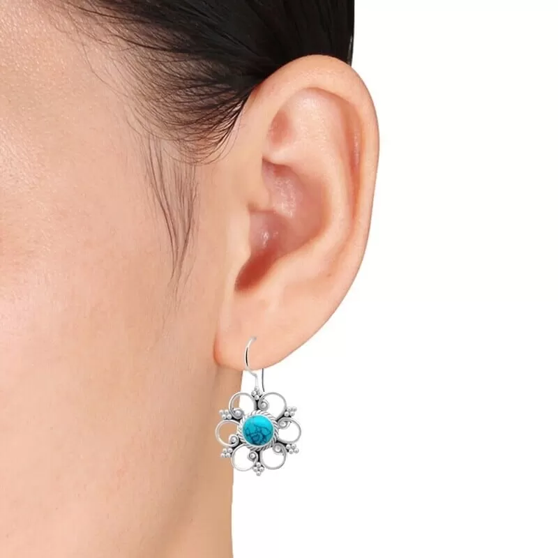 European Fashion Flower Turquoise Drop Earrings - 925 Sterling Silver