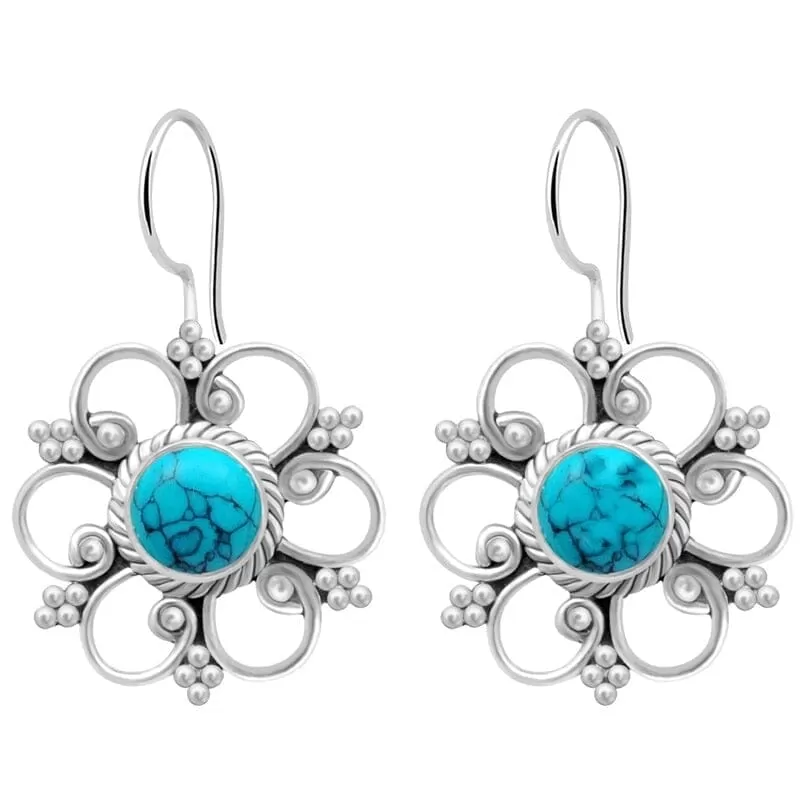 European Fashion Flower Turquoise Drop Earrings - 925 Sterling Silver