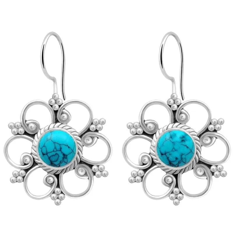 European Fashion Flower Turquoise Drop Earrings - 925 Sterling Silver