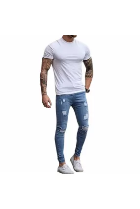 Fashion Destroyed Torn Pants Men's Pant Zipper Skinny Jeans (Blue)