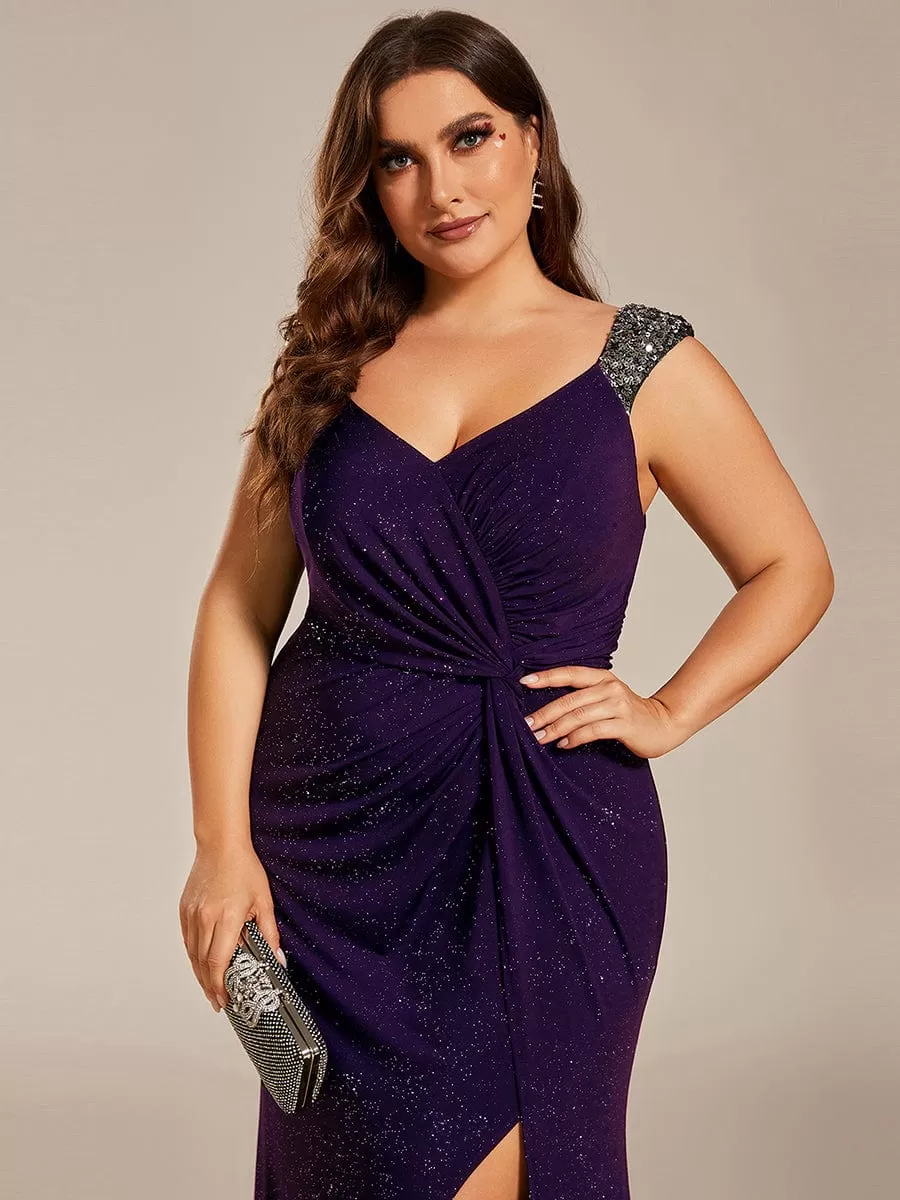 Glitter V-Neck High Slit Sequin Shoulder Strap Evening Dress