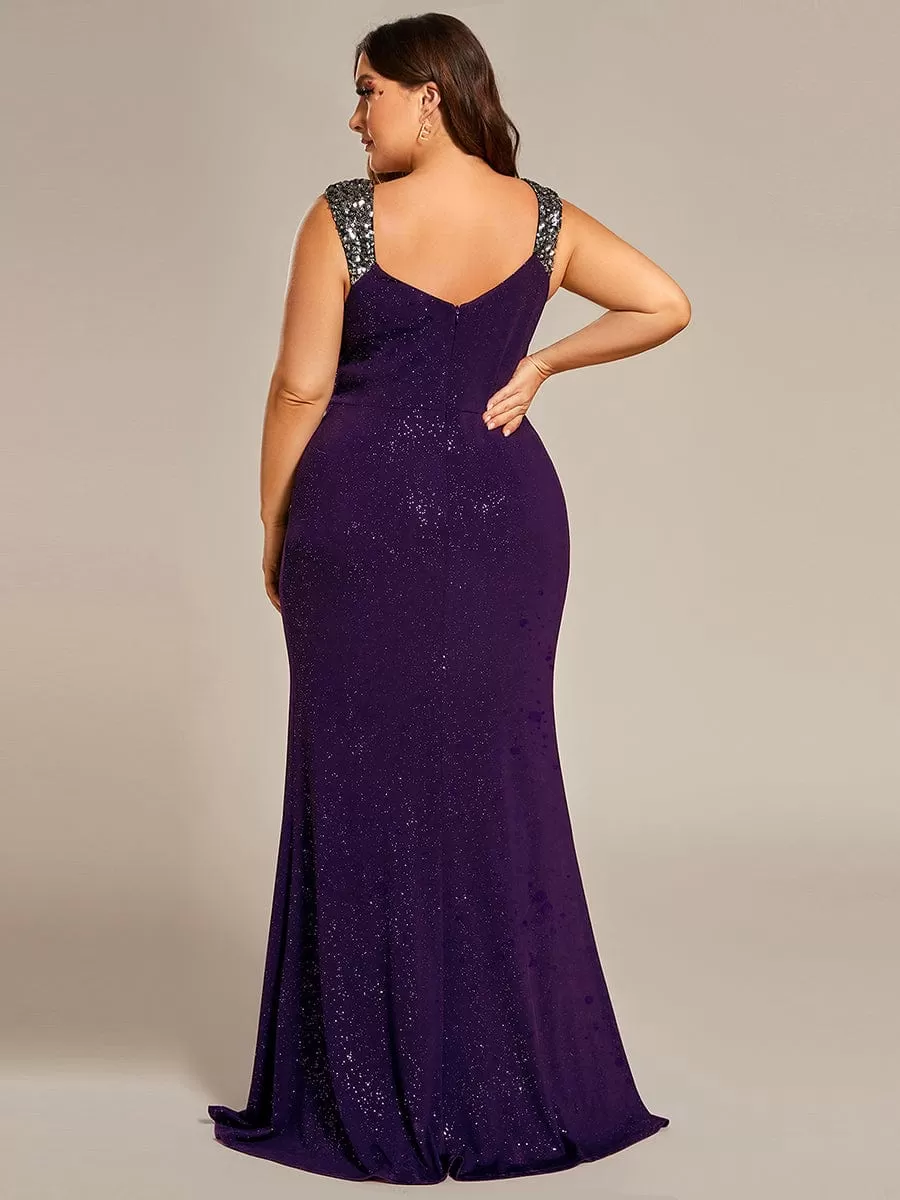 Glitter V-Neck High Slit Sequin Shoulder Strap Evening Dress