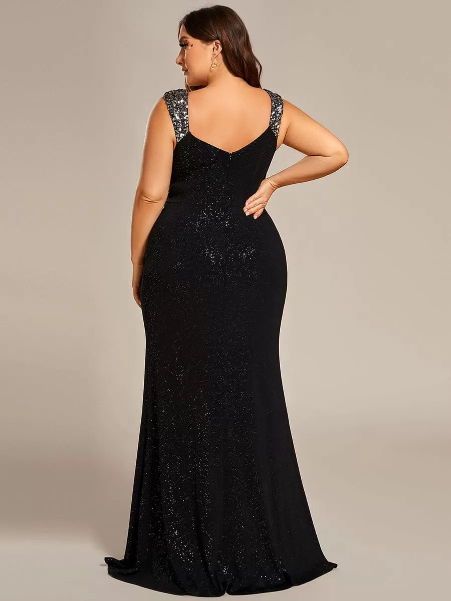 Glitter V-Neck High Slit Sequin Shoulder Strap Evening Dress