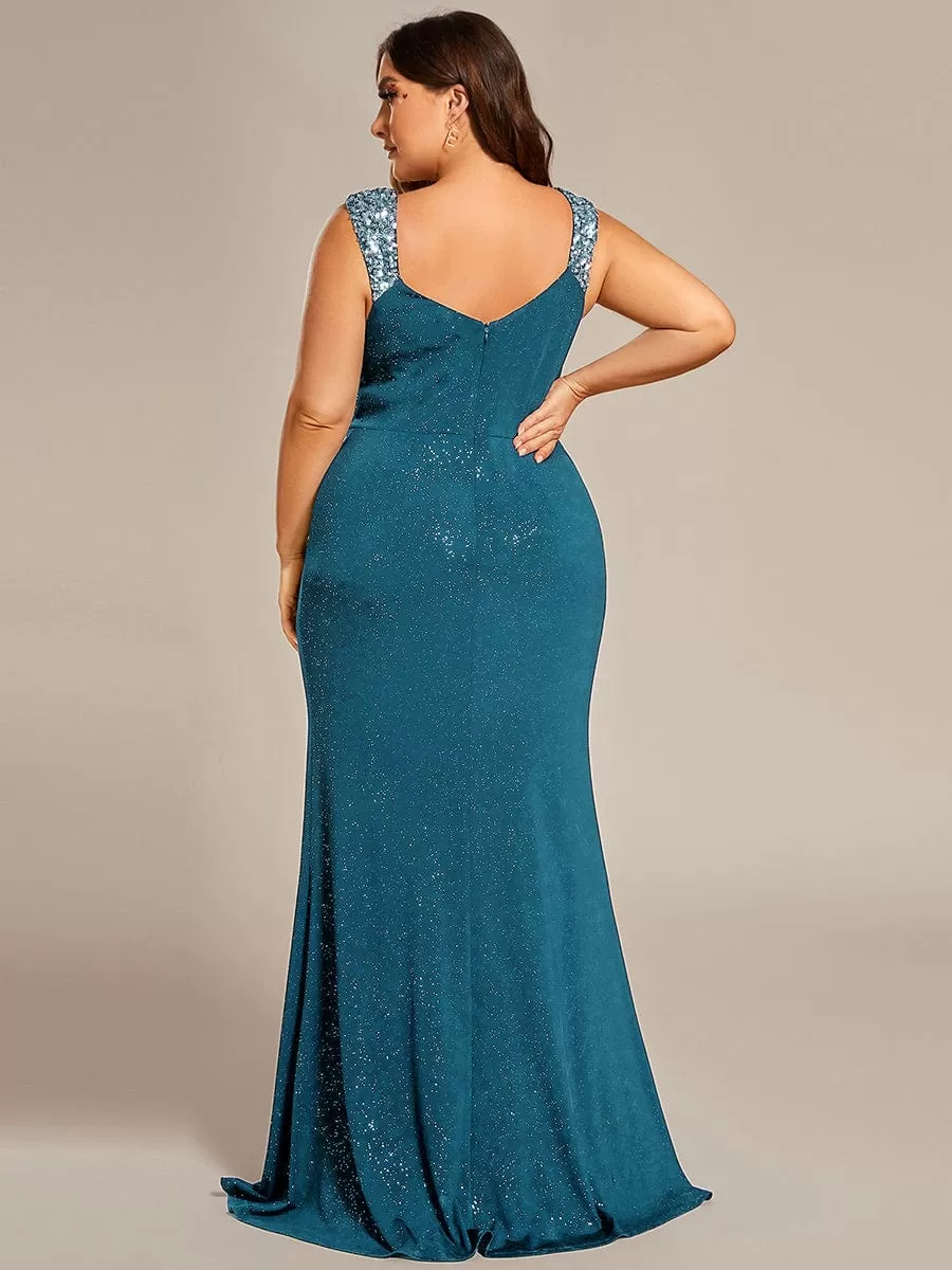 Glitter V-Neck High Slit Sequin Shoulder Strap Evening Dress