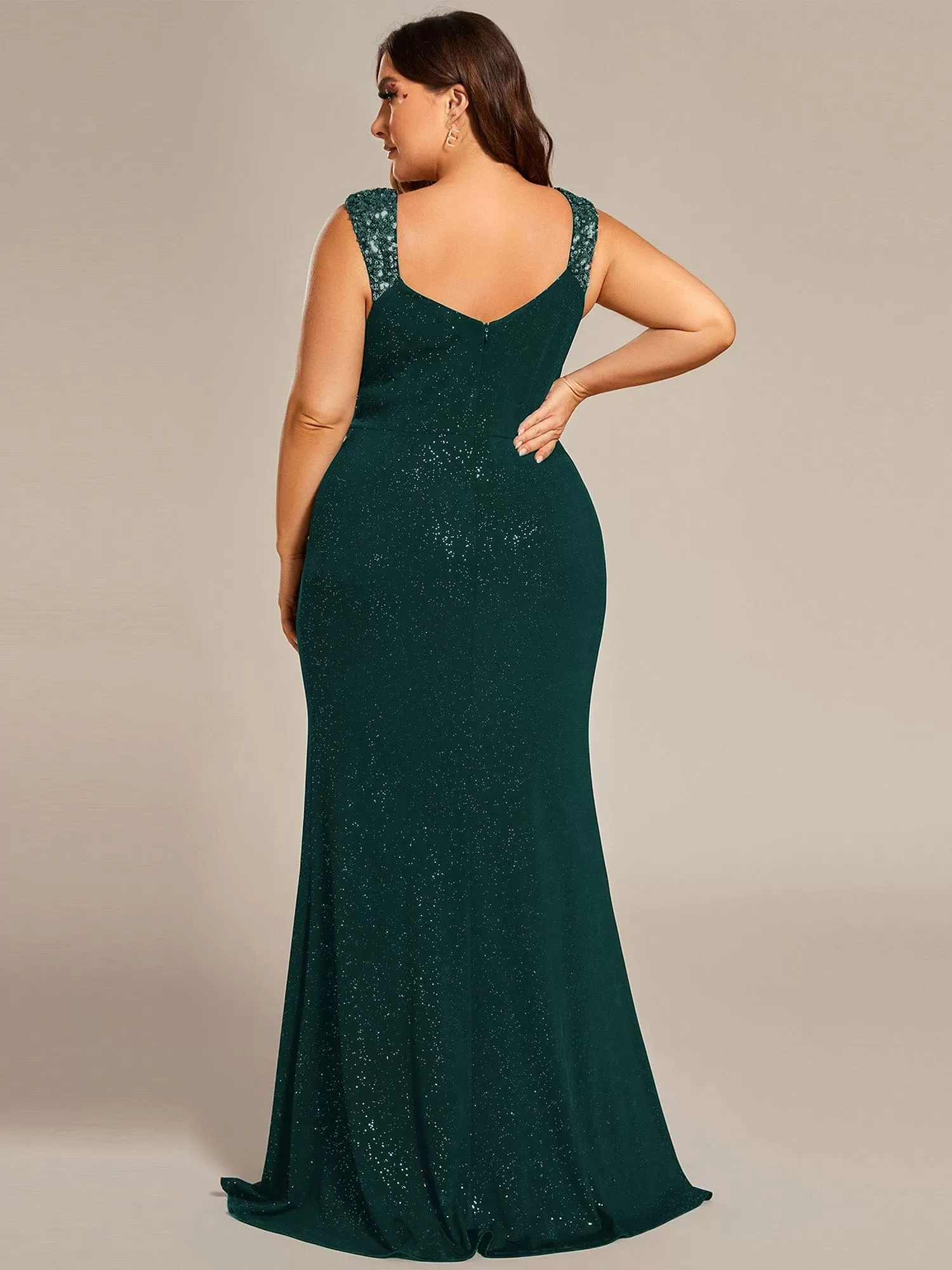 Glitter V-Neck High Slit Sequin Shoulder Strap Evening Dress