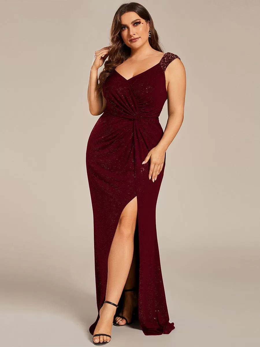 Glitter V-Neck High Slit Sequin Shoulder Strap Evening Dress