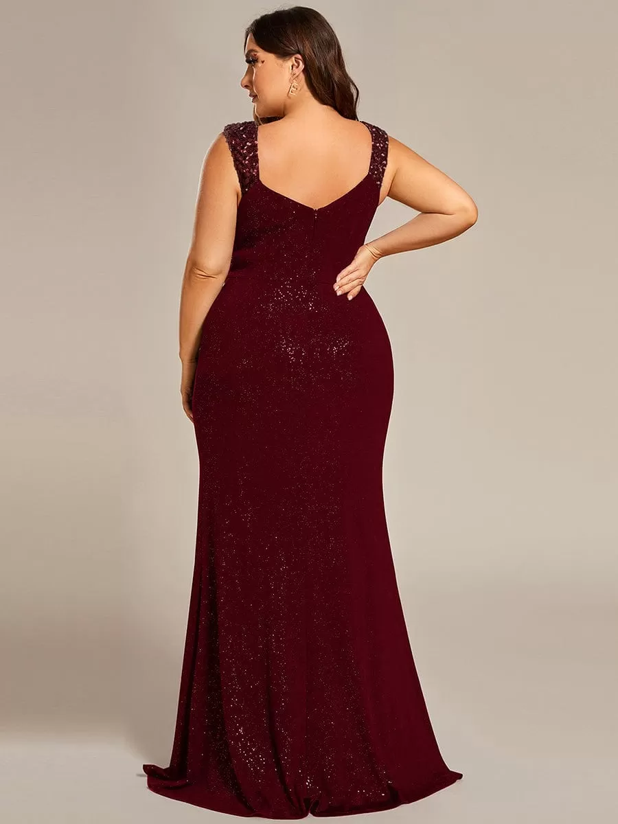 Glitter V-Neck High Slit Sequin Shoulder Strap Evening Dress