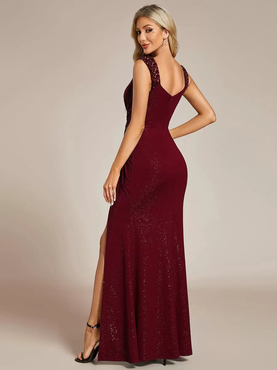 Glitter V-Neck High Slit Sequin Shoulder Strap Evening Dress