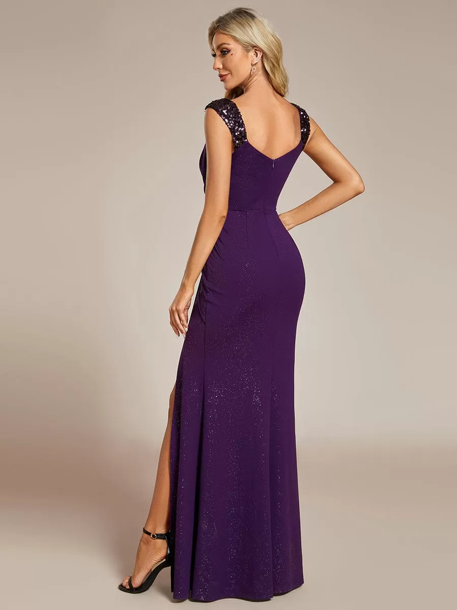 Glitter V-Neck High Slit Sequin Shoulder Strap Evening Dress