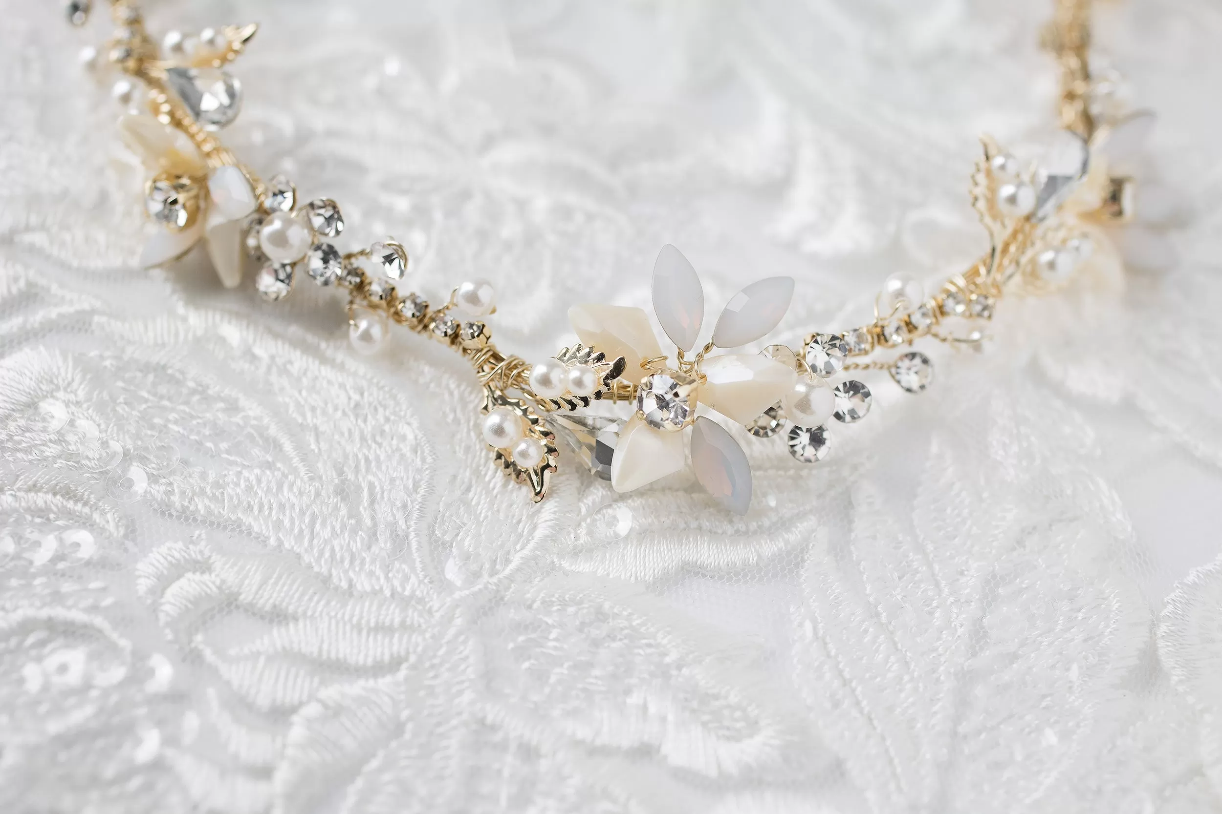 Gold Beaded Flower Bridal Headband with Opal Stones