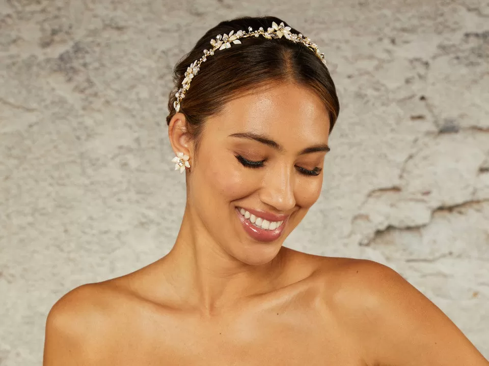 Gold Beaded Flower Bridal Headband with Opal Stones