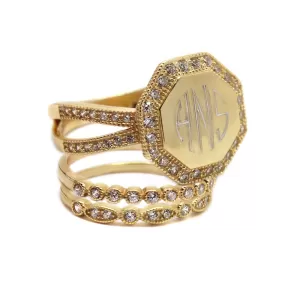 Gold CZ Rimmed Octagon Monogram Stacking Ring