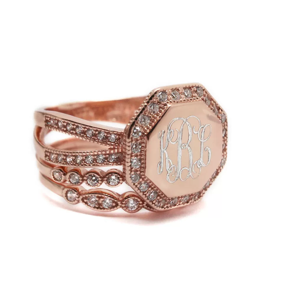 Gold CZ Rimmed Octagon Monogram Stacking Ring