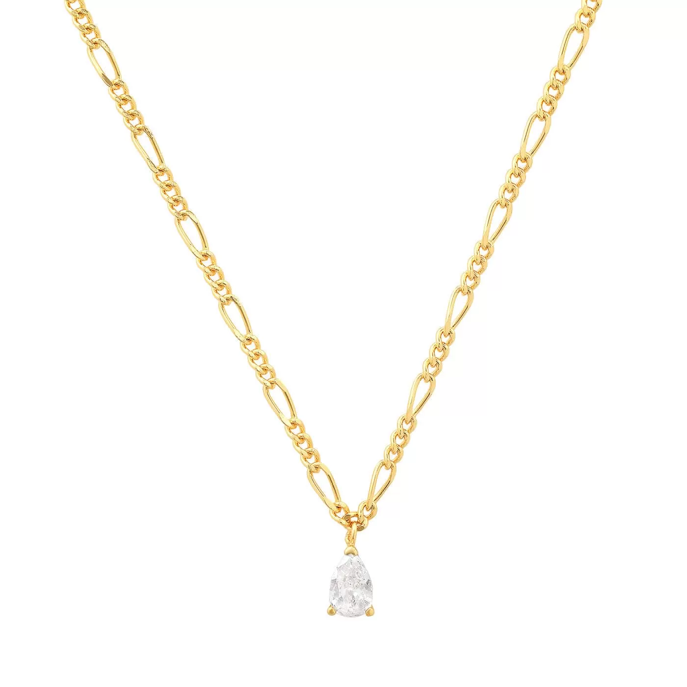 Gold Figaro Chain with Pear Shape CZ Pendant