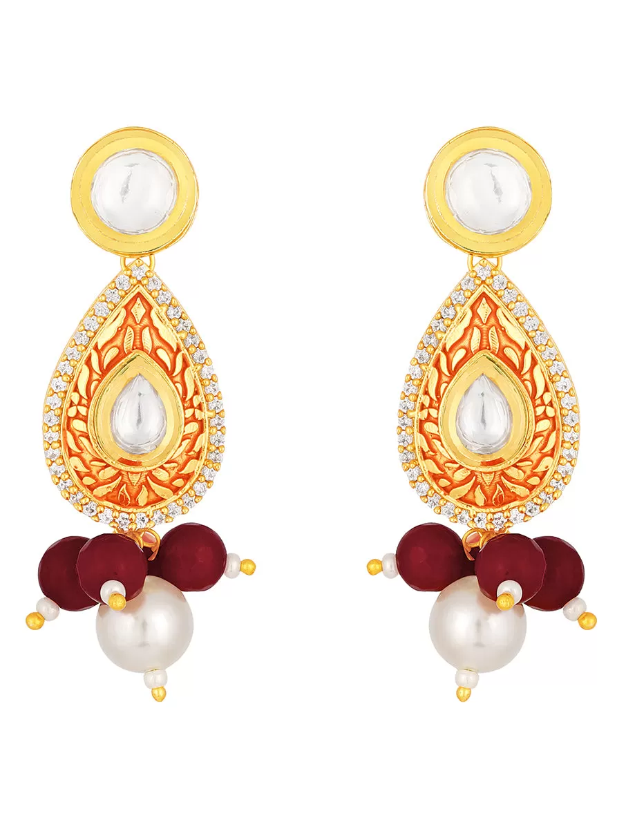 Golden, Red Kundan Polki Earrings