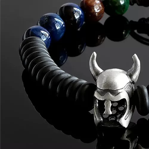 Handmade Bracelet for Man with Tiger's Eye Beads and 925 Silver Viking Helmet