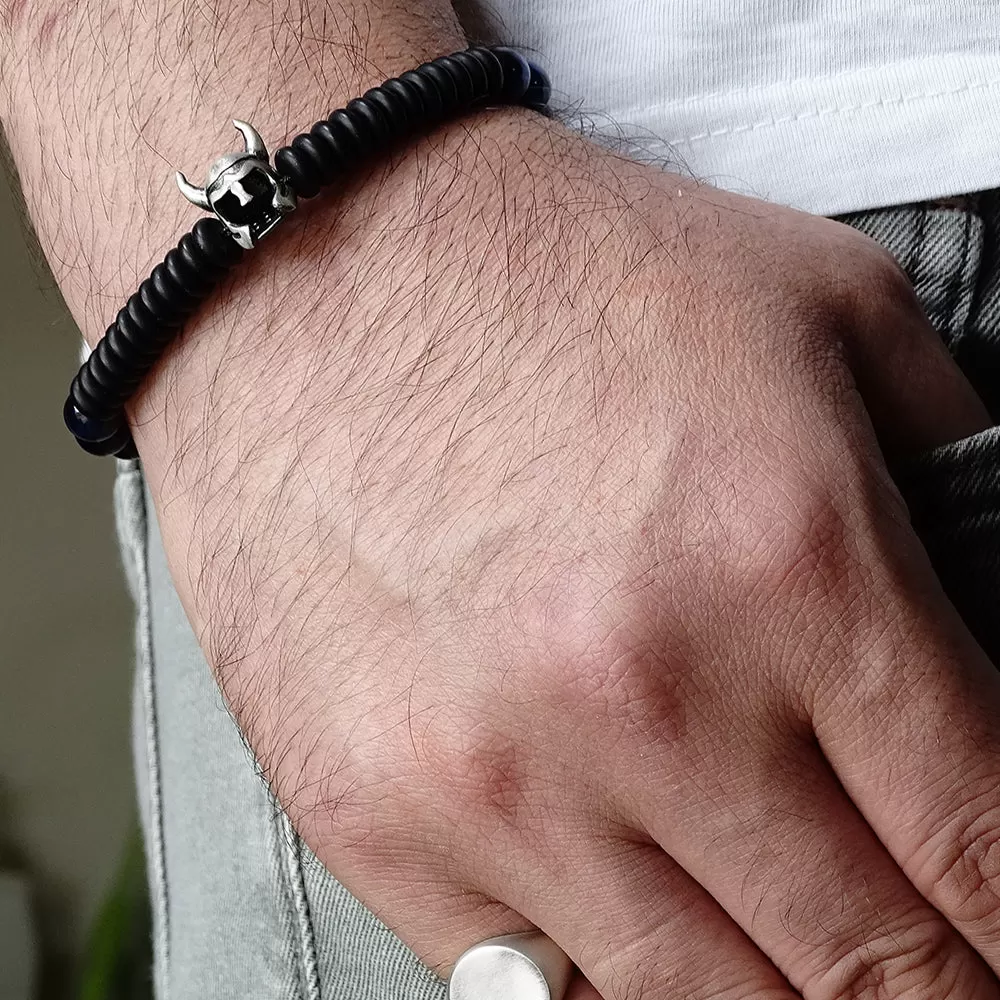 Handmade Bracelet for Man with Tiger's Eye Beads and 925 Silver Viking Helmet