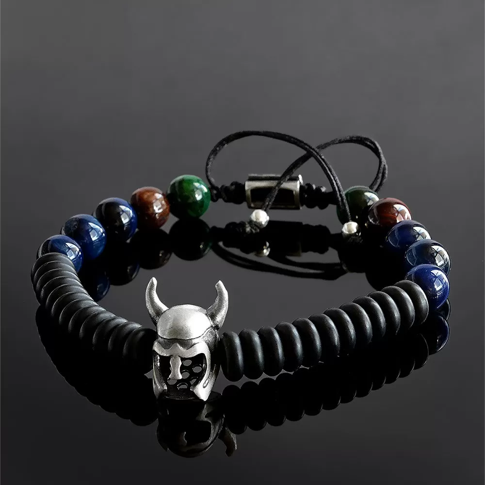 Handmade Bracelet for Man with Tiger's Eye Beads and 925 Silver Viking Helmet