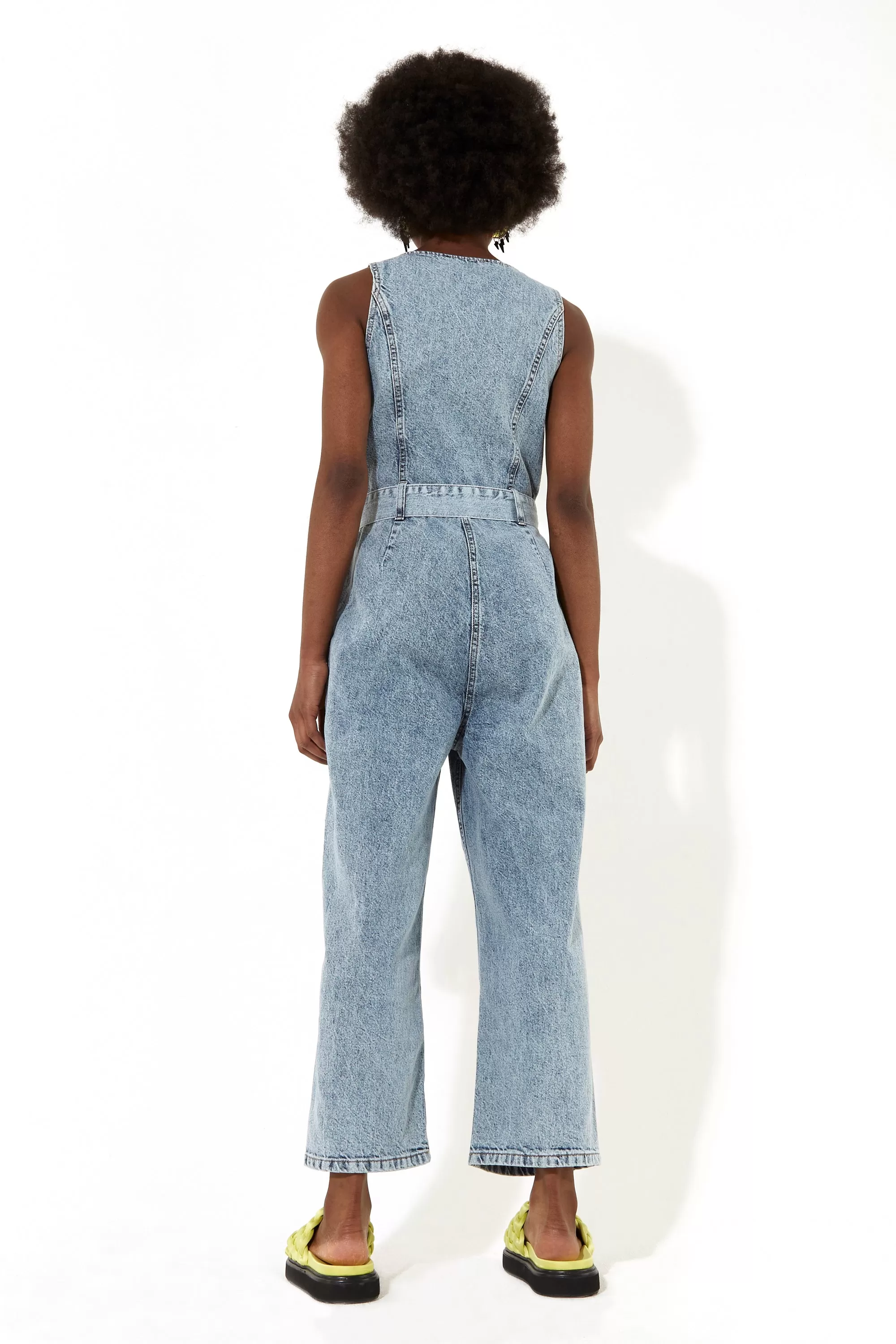 House of Holland Blue 90’s Look Denim Jumpsuit With A Belt And Tortoise Shell Buttons