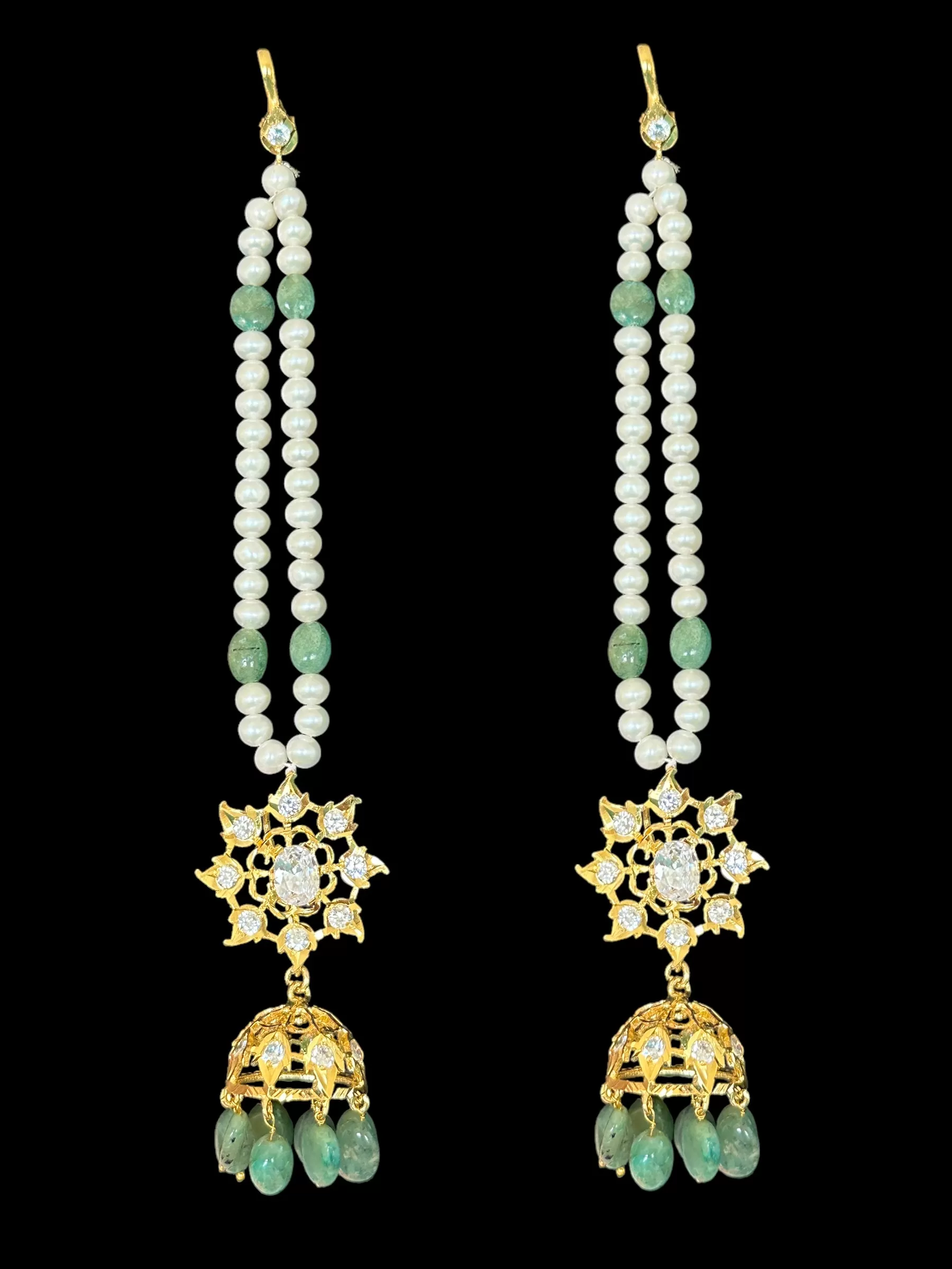 Jadavi lacha with karanphool in gold plated silver with fresh water pearls and emerald beads ( SHIPS IN 4 WEEKS  )