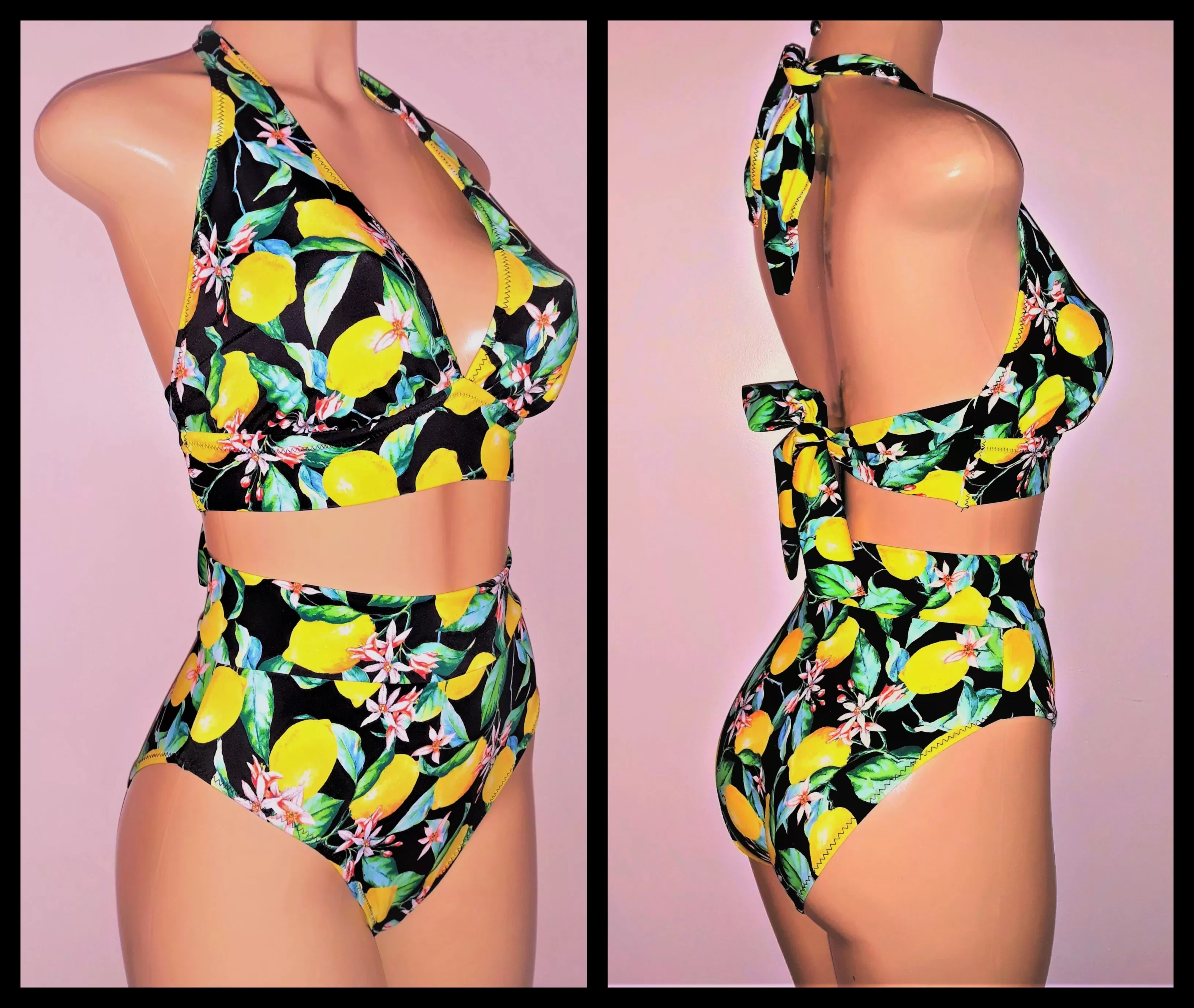 Lemon print tie halter bikini top and High waist-band bikini bottom