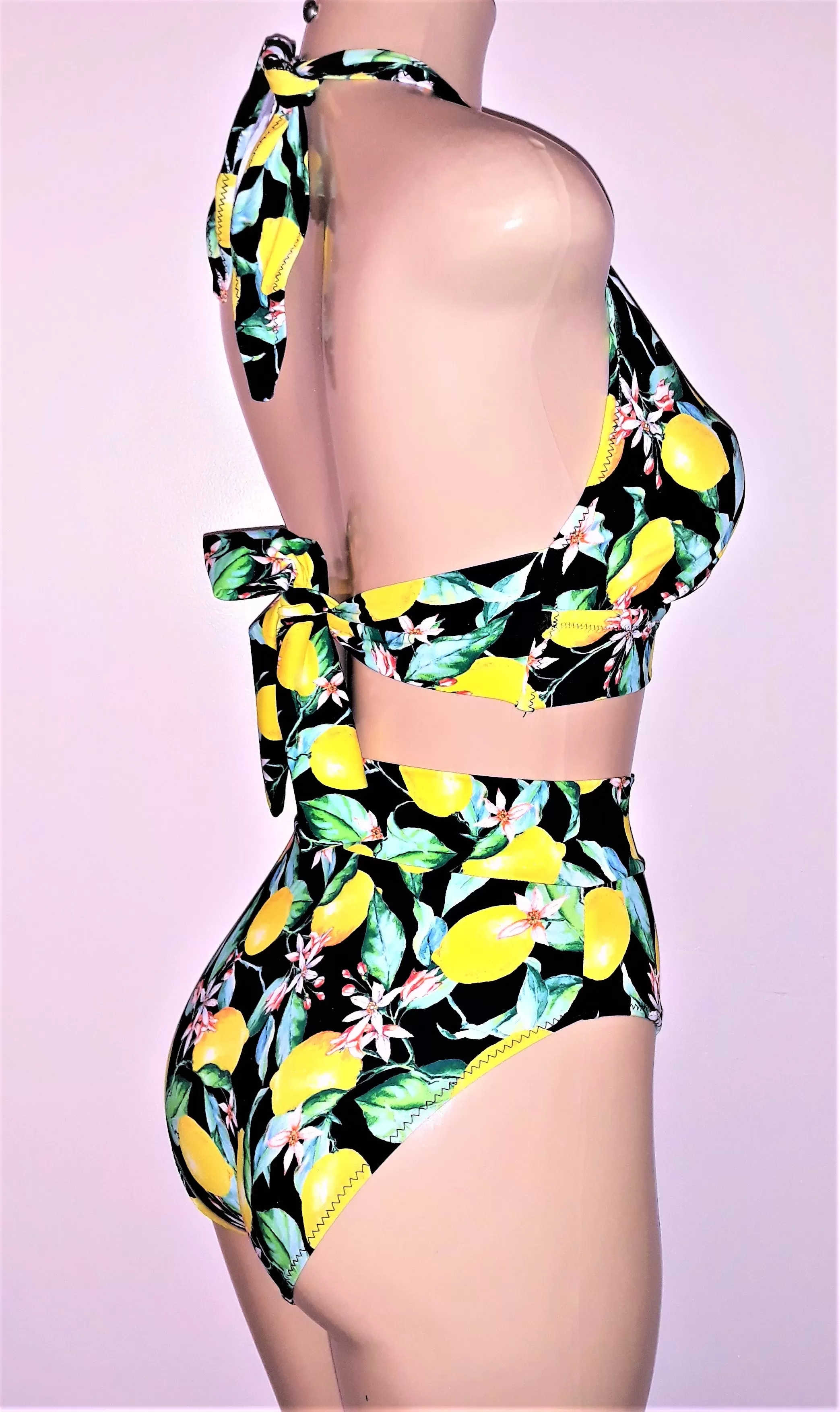 Lemon print tie halter bikini top and High waist-band bikini bottom