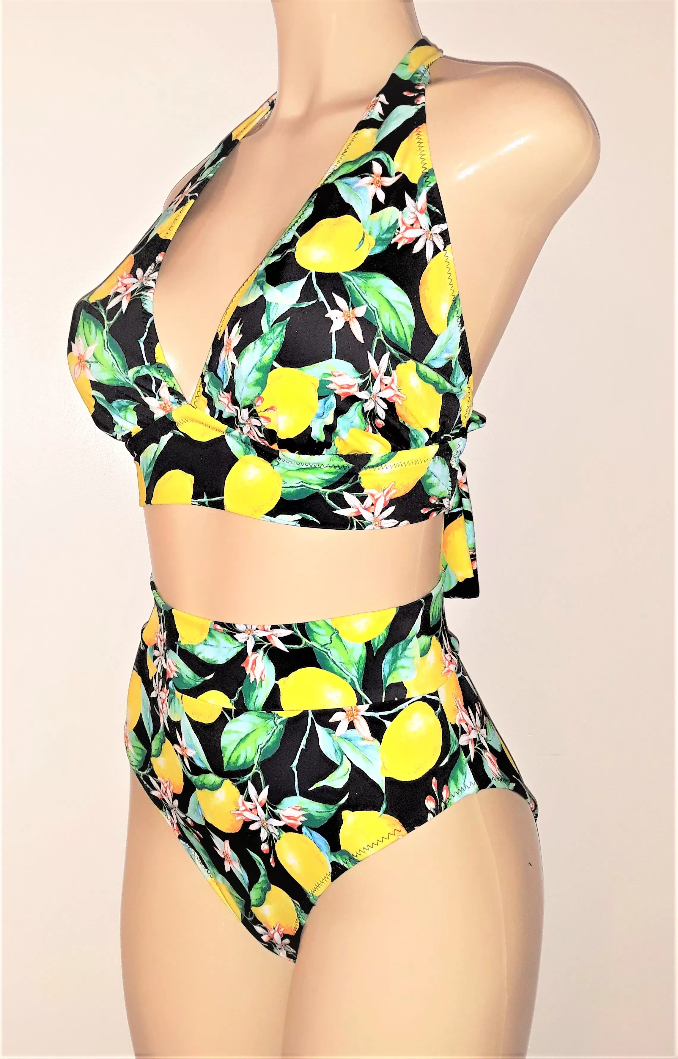 Lemon print tie halter bikini top and High waist-band bikini bottom