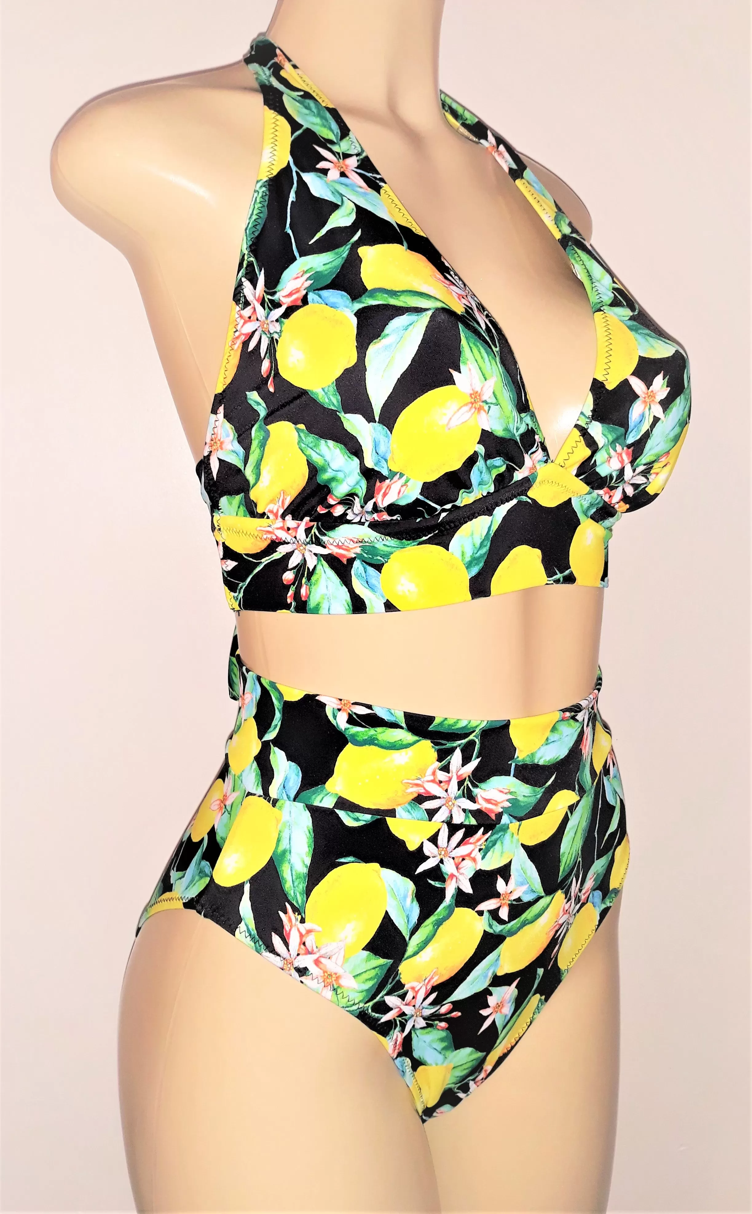 Lemon print tie halter bikini top and High waist-band bikini bottom