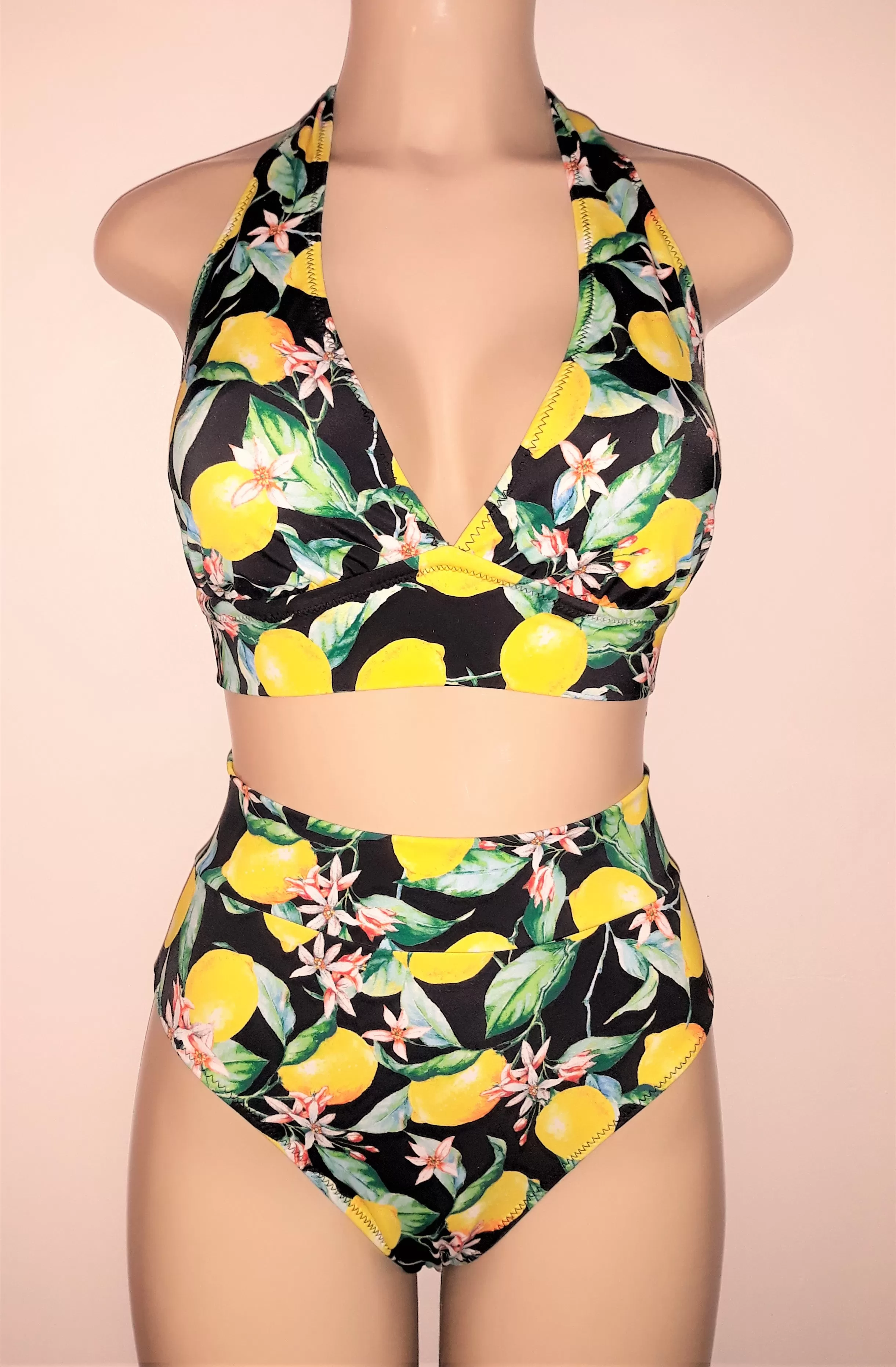 Lemon print tie halter bikini top and High waist-band bikini bottom