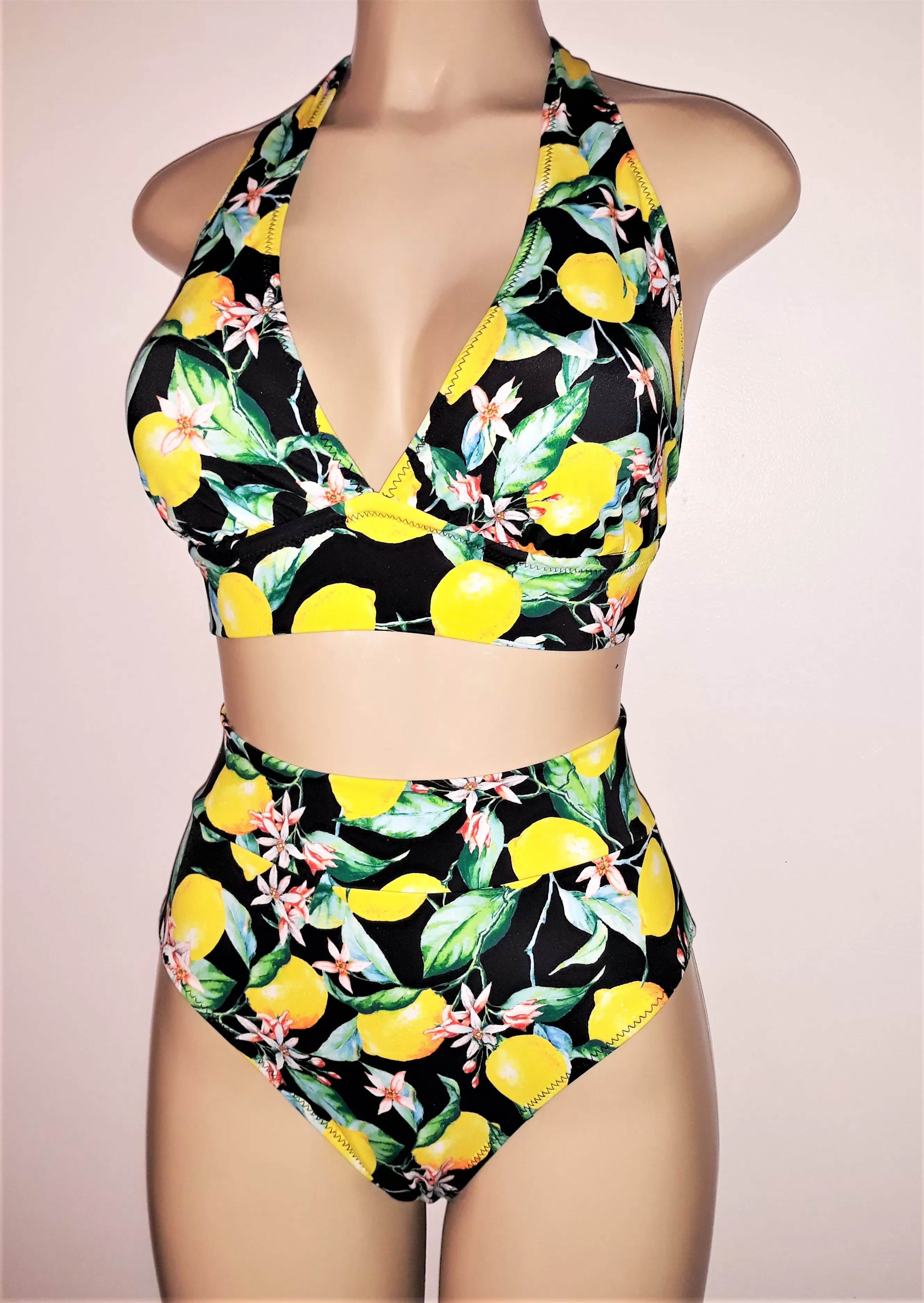 Lemon print tie halter bikini top and High waist-band bikini bottom