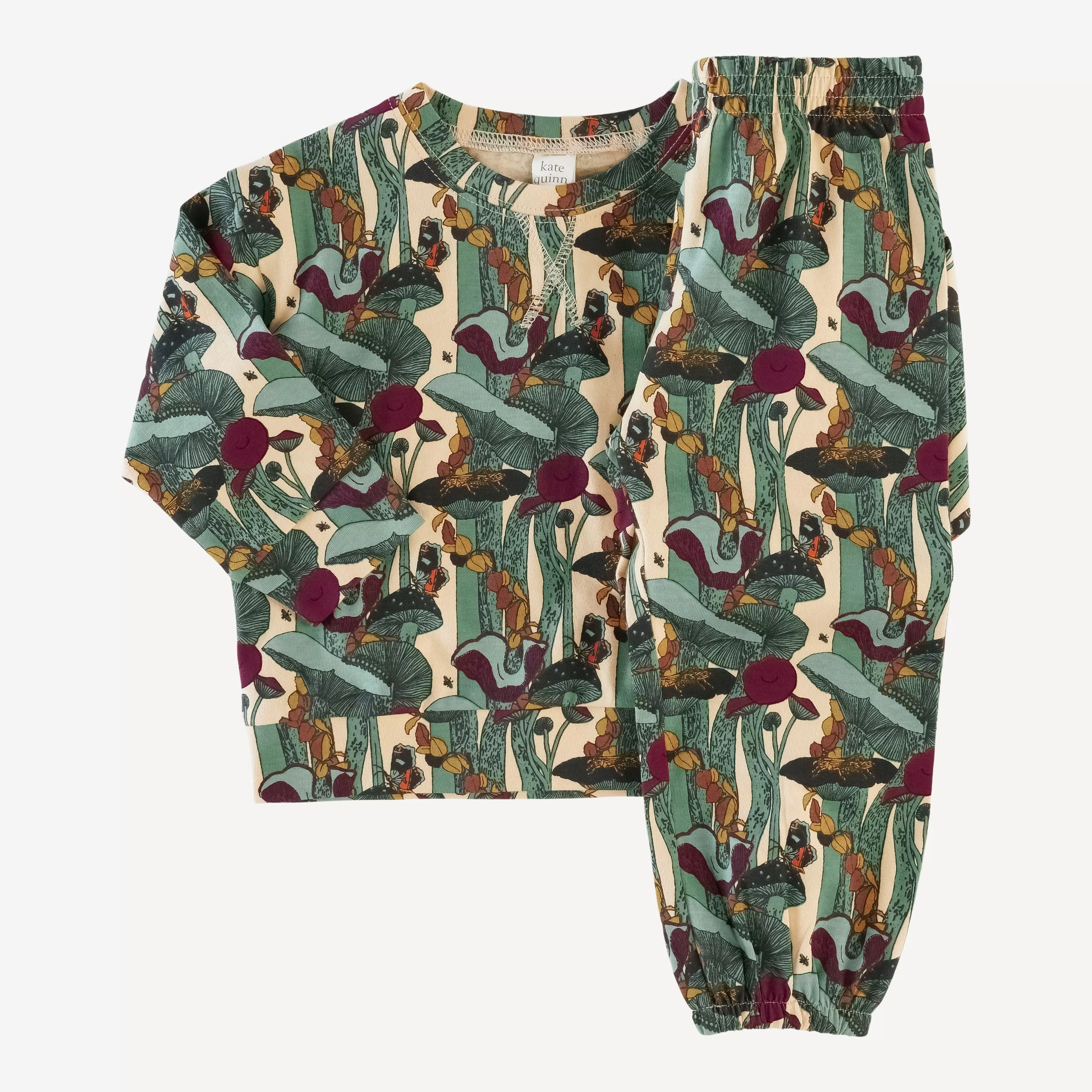 long sleeve boxy topstitch tee   relaxed jogger set | green mushroom forest | organic cotton jersey