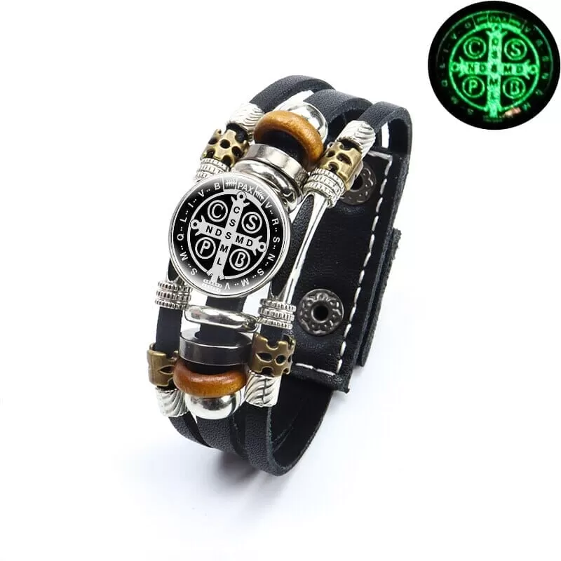 Luminous Saint Benedict WWJD Medallion Leather Bracelet