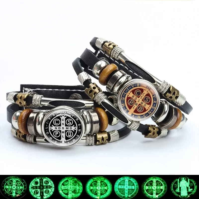 Luminous Saint Benedict WWJD Medallion Leather Bracelet