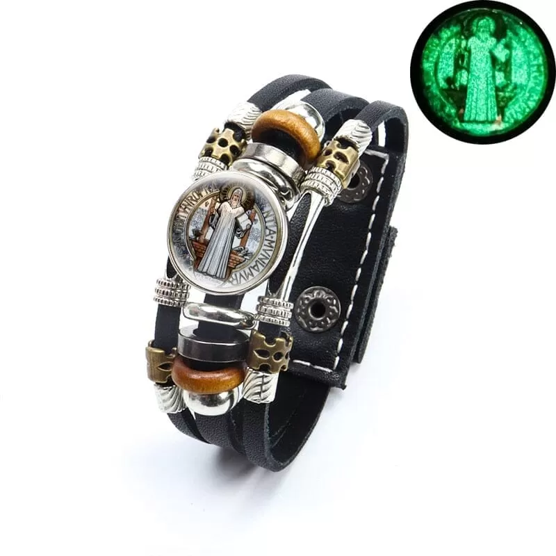 Luminous Saint Benedict WWJD Medallion Leather Bracelet