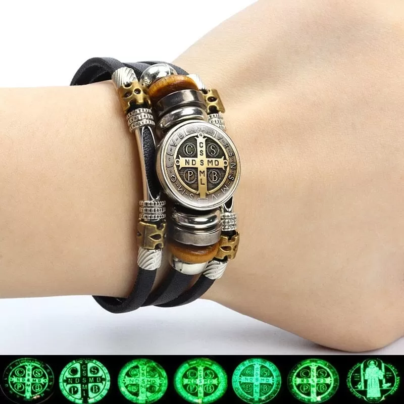 Luminous Saint Benedict WWJD Medallion Leather Bracelet