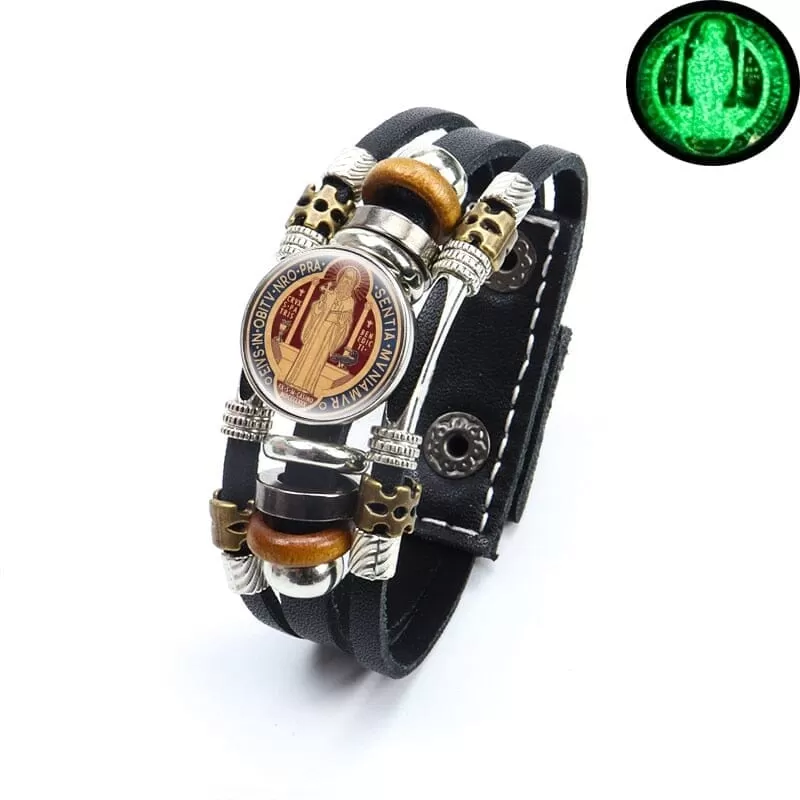 Luminous Saint Benedict WWJD Medallion Leather Bracelet