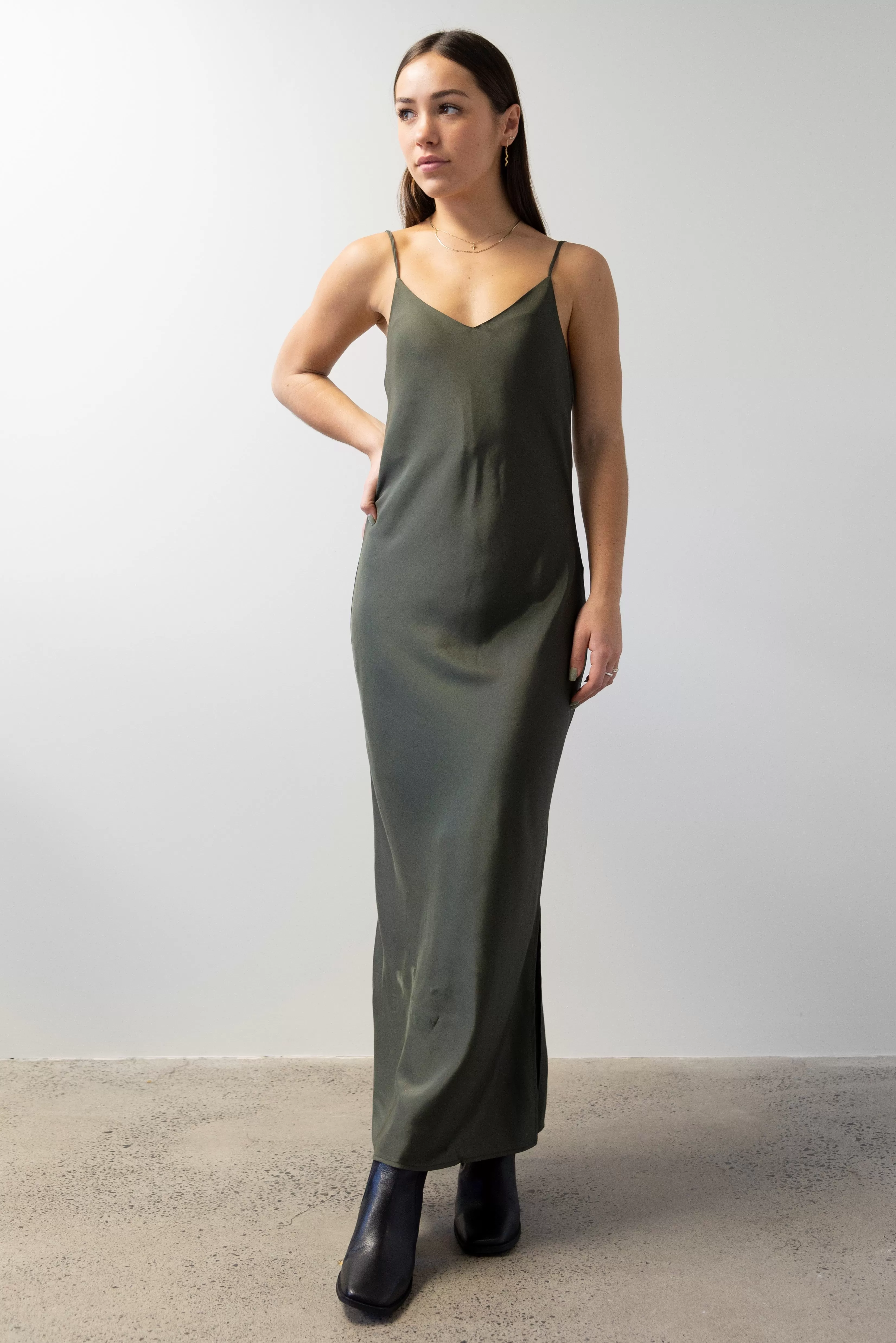 Moonlight Dark Khaki V Neck Bias Slip Midi Dress