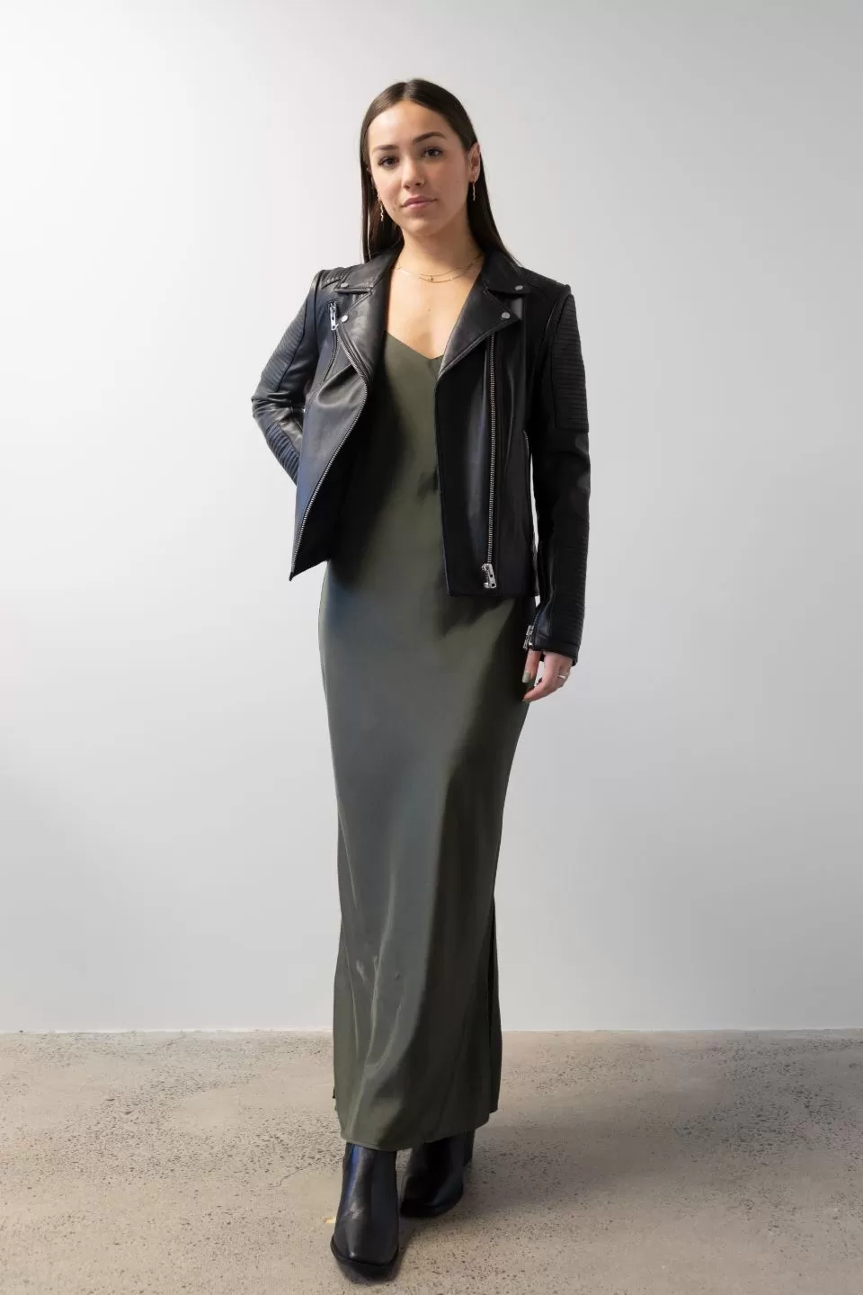 Moonlight Dark Khaki V Neck Bias Slip Midi Dress