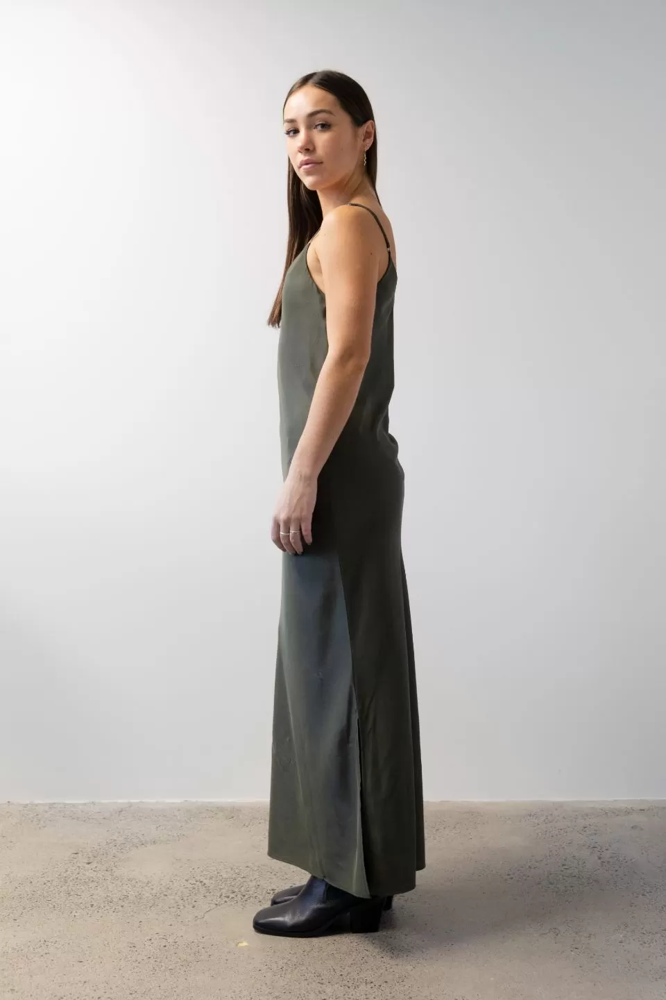 Moonlight Dark Khaki V Neck Bias Slip Midi Dress