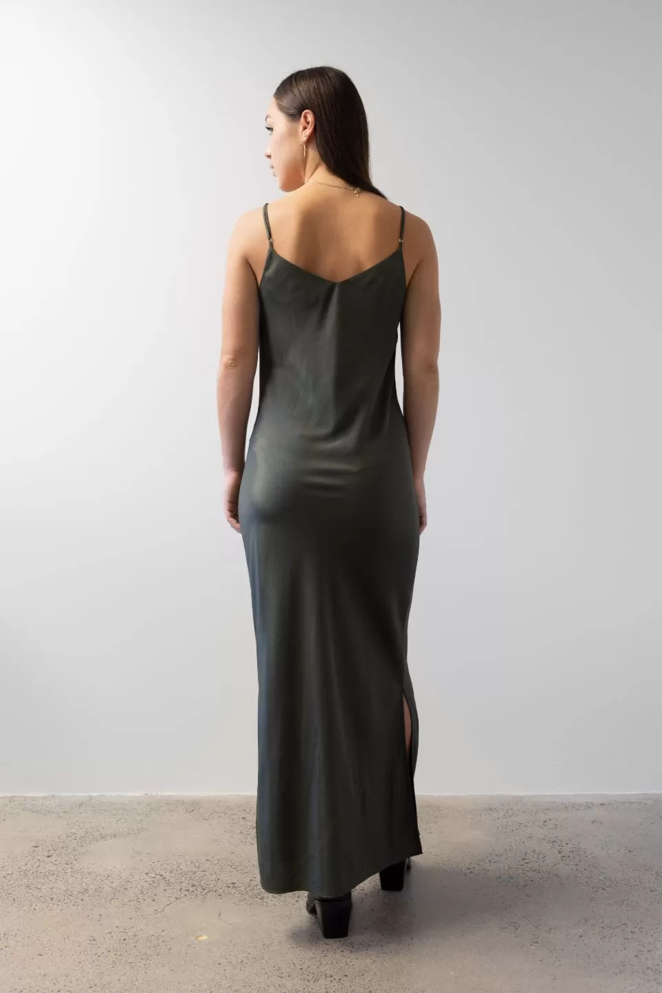 Moonlight Dark Khaki V Neck Bias Slip Midi Dress