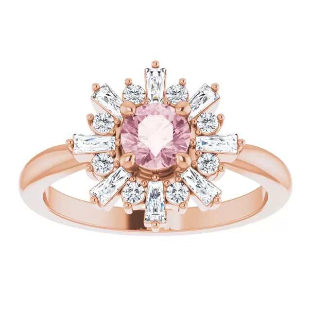 Natural Morganite Round & Baguette Diamond Halo Ring